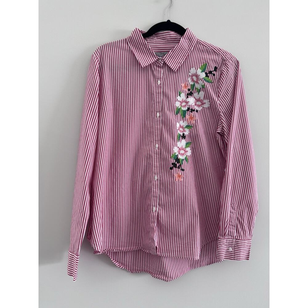 Marc New York Andrew Marc Striped Floral Embroidered Button-Up Blouse Pink L